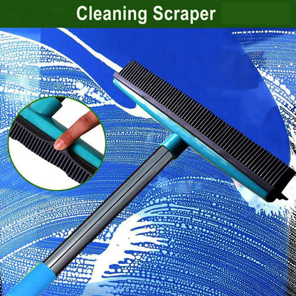 Telescopic Rubber Broom with Squeegee, Multifunction Adjustable Pet Hair Removal Carpet Rake for Fluff Rug Hardwood Floor (Black)