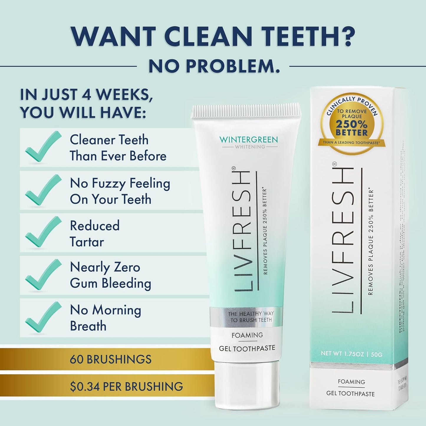 LIVFRESH Toothpaste Gel, Clinically Proven to Remove Plaque 250% Better, Improves Gum Health 190% Better, Prevents & Reduces Tartar, Mild Peppermint