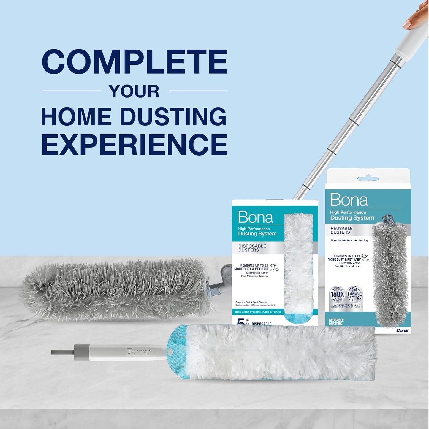 Bona High Performance Dusting System - 1 Extendable Handle, 3 Disposable Dusters, 1 Reusable Duster, & 1 Storage Bag - Extendable Dusting Kit