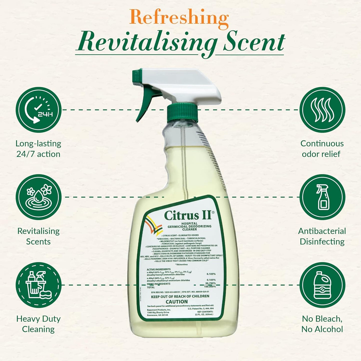 Citrus II Hospital Germicidal Deodorizing Cleaner - Fresh Citrus Scent - Disinfecting Spray- for Home, Hospital and Office Surfaces and Supplies - 22 Fl Oz - Pack of 2