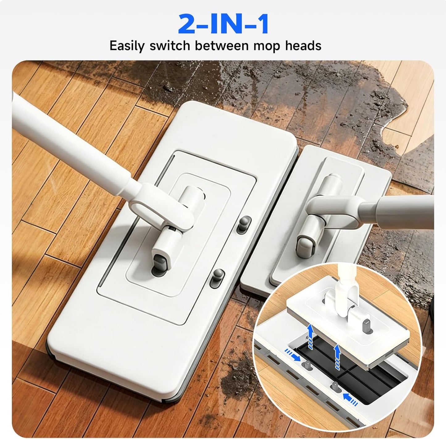 New 2-in-1 Push Clamp Lazy Mop – Hands Free Flat Mops, Swiffer Mops Alternative, Compatible with Most Pads Adjustable Handle, Perfect for Homes with Kids & Pets (Large Flat Mop)