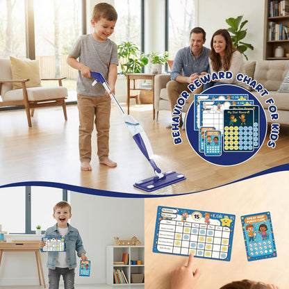 Kids Spray Mop - Chores Chart Set Montessori Cleaning Toy Set with Real Water Sprayer 2PCS Washable Pads and 10PCS Disposable Mop Pads for Ages 3-8 (Blue)