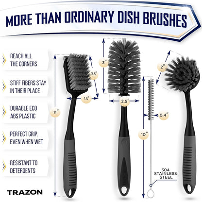 Dish Brush Set of 5 with Holder - Kitchen Scrub Brushes with Non-Slip Long Handle for Cleaning, Scrubber, Dishwashing, Dishes, Bottles, Straws, Cups, Pots & Sink, Black