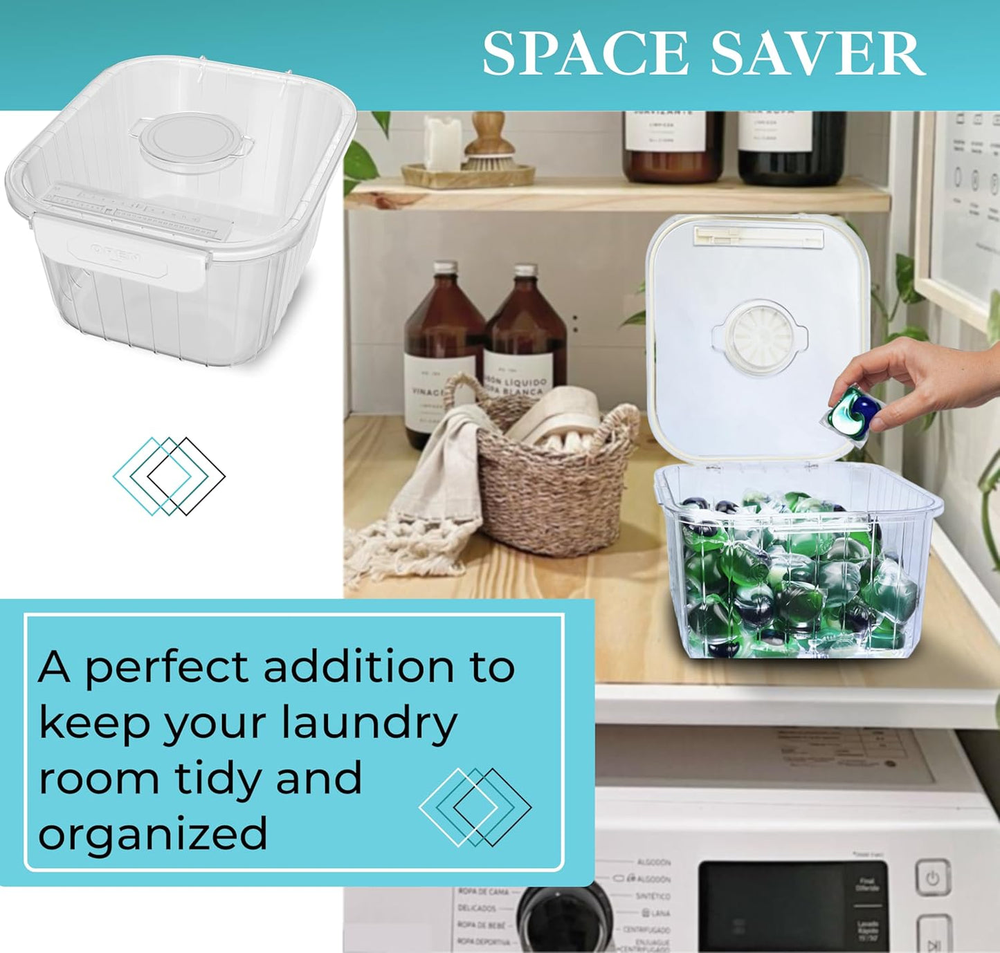 Skywin TidyFriend Laundry Pods Container with Lift Up Lid, 12.4" x 6.5" x 8.7", Airtight Storage Keeps Pods Fresh, Laundry Detergent Container & Dishwasher Pod Holder (Grey)