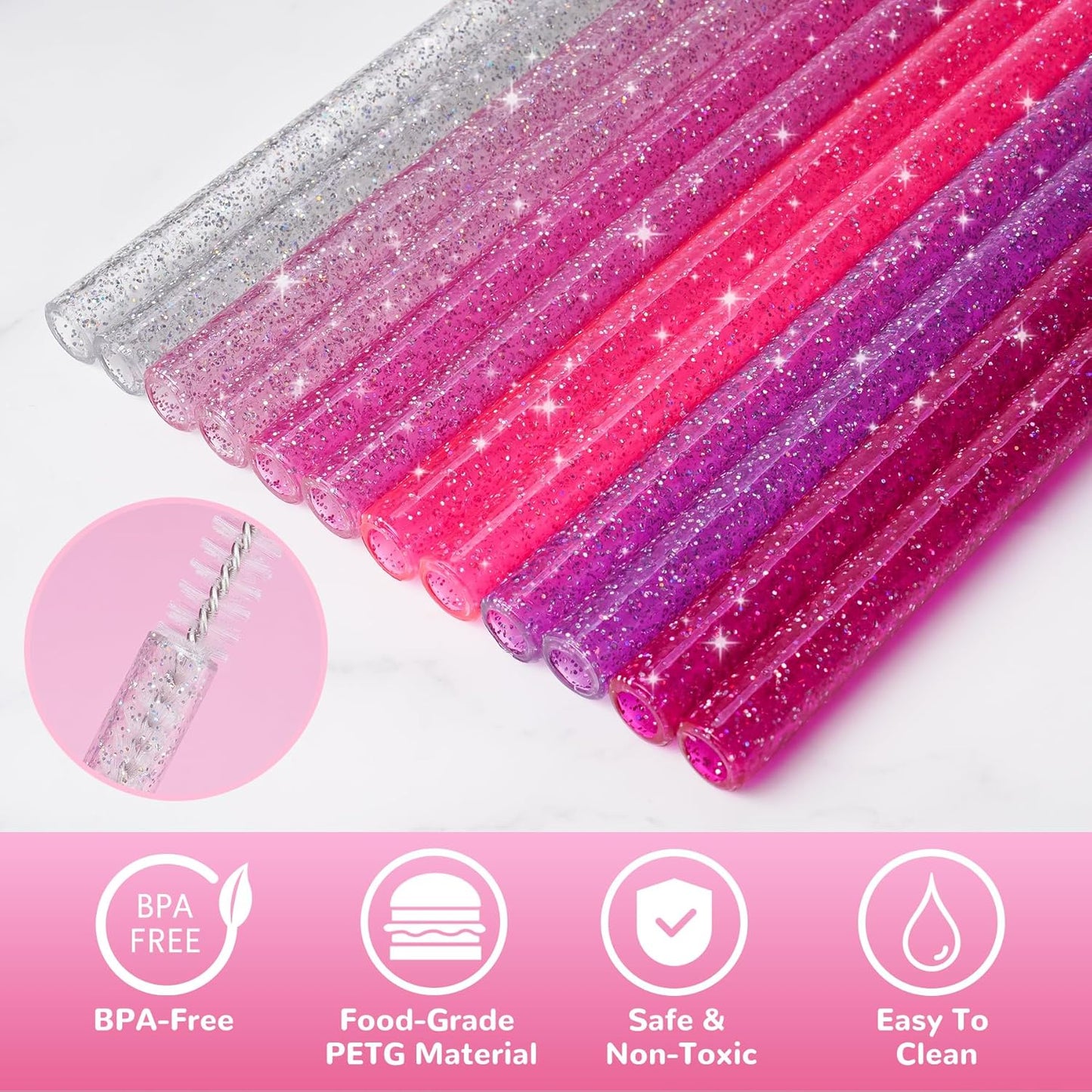 NiHome 12-Pack Glitter Replacement Straws for Stanley Tumbler 40OZ & 2 Cleaning Brushes Set, 12" Length BPA-Free Durable PETG Material for Various Beverages & Cups, Adds Sparkle to Your Drinks (Clear)