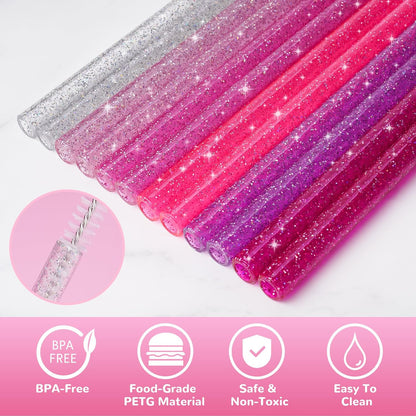 NiHome 12-Pack Glitter Replacement Straws for Stanley Tumbler 40OZ & 2 Cleaning Brushes Set, 12" Length BPA-Free Durable PETG Material for Various Beverages & Cups, Adds Sparkle to Your Drinks (Clear)