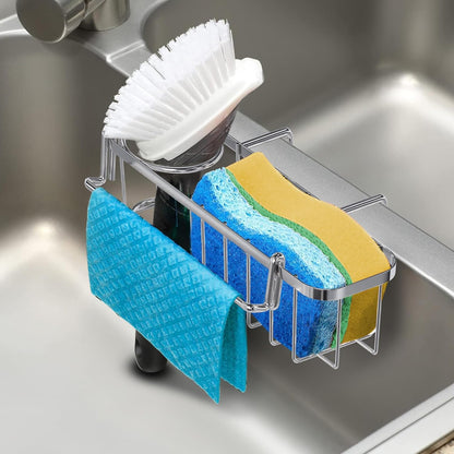 KESOL 3-in-1 Sponge Holder for Kitchen Sink, Hanging Caddy for Double Bowl Sinks, Stainless Steel Sponge with Dishcloth Holder, Brush & Soap Rack, Kitchen Sink Accessories, Silver
