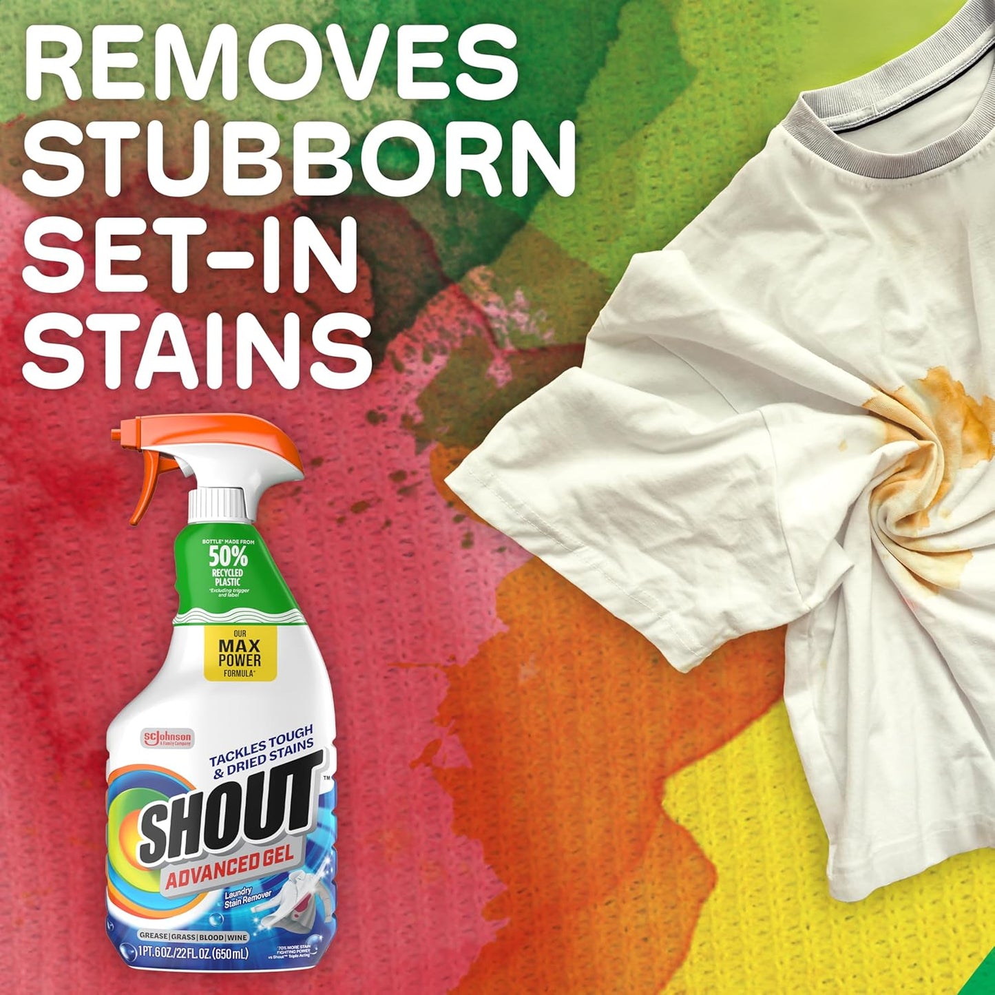 SHOUT Advanced Laundry Stain Remover Gel for Clothes Laundry, Breaks Down Stubborn, Dried-in, and Tough Stains, 22oz Spray, Pack of 3 (Packaging May Vary)