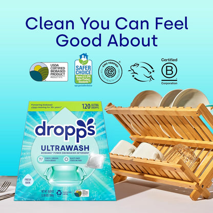 Dropps UltraWash Dishwasher Detergent Pods, Lemon Citrus (32 Ct) - Cuts Grease & Stuck-On Food | Sparkling Dishes & Glasses | Residue-Free | Clean Ingredients | No Pre-Rinse | Plastic Free Packaging