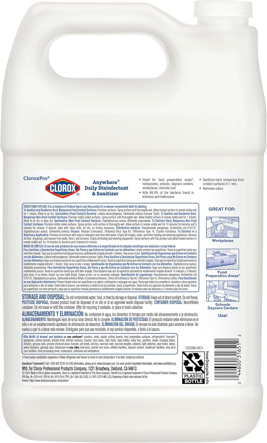 CloroxPro Anywhere Daily Disinfectant and Sanitizer, No-Rinse Food Contact Sanitizer, Refill, 128 Fluid Ounces