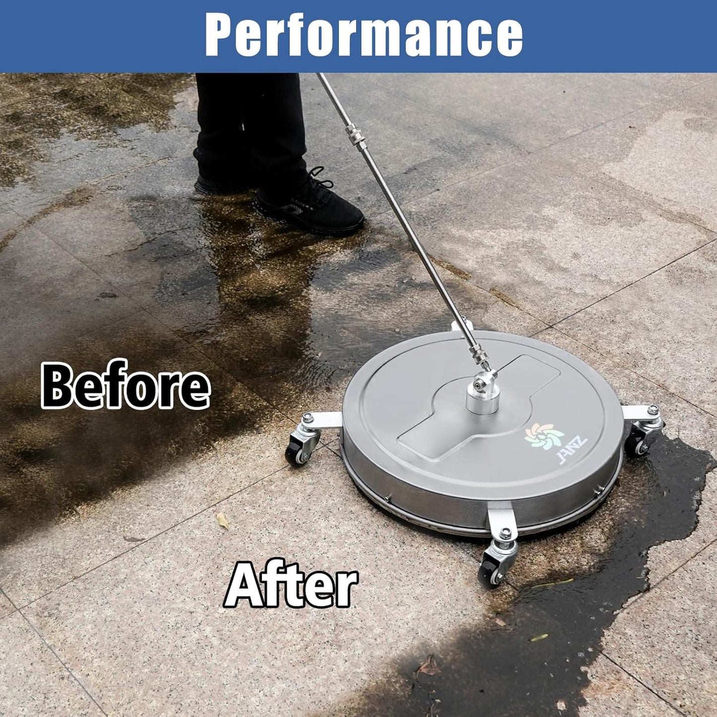 JANZ 30'' Pressure Washer Surface Cleaner with 4 Wheels,Dual Handle,Stainless Steel Housing, 2 Hose Adapters and 4 Replacement Nozzle Cores,Ideal for Driveways, Sidewalks,Patios,Decks Cleaning