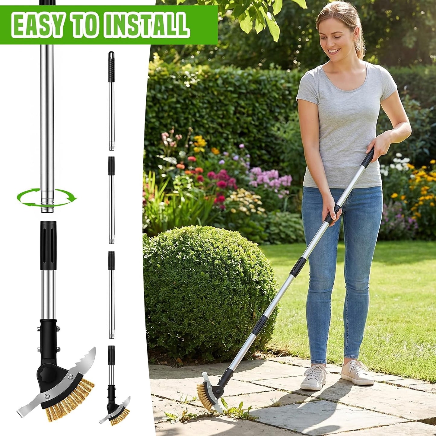 Hysagtek Crack Weeder Long Handle - 3-in-1 Adjustable Crevice Cleaning Brush with 2 Scrapers, Durable Manual Stainless Steel Weed Puller Tool for Driveway Patio Sidewalk Garden Lawn