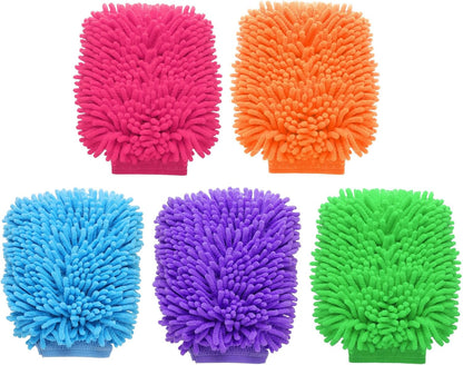 HARFINGTON 5pcs Chenille Microfiber Car Wash Mitts 9" x 5.5" Scratch Free Wash Gloves Absorbent Double Sided Plush 5 Color Cleaning Drying Mitts for Car Washing Home Clean