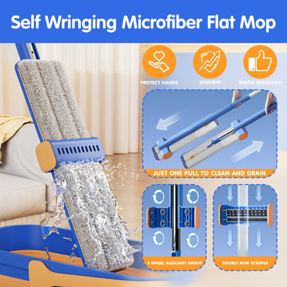Self Wringing Microfiber Flat Mop and Bucket System with 16.5" Large Head and 55" Long Handle for Floor Wall Cleaning, 5 Microfiber Pads and Foldable Bucket, Wet and Dry