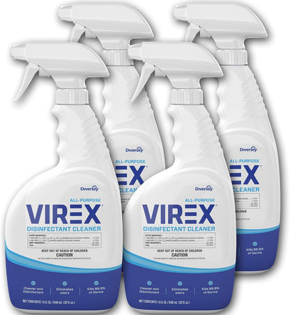 VIREX Diversey CBD540540 All Purpose Disinfectant Cleaner, For Home & Commercial Use, Kills 99.9% of Germs, Multi-Surface, Lemon Scent, Capped Ready-to-Use Spray, 32-Ounce