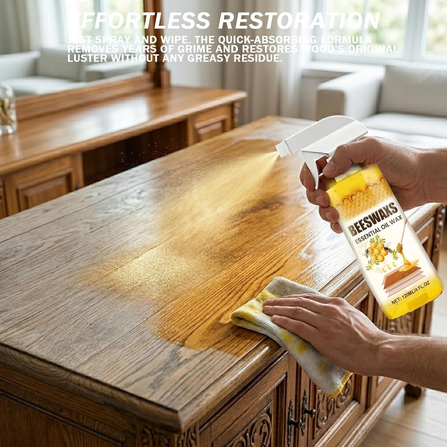 120ml Beeswax Wood Polish Spray with Natural Beeswax & Essential Oil, Multi-Purpose Furniture Polish & Cleaner, Restores Shine, Protects Wood Floors, Cabinets & Furniture (2 set)