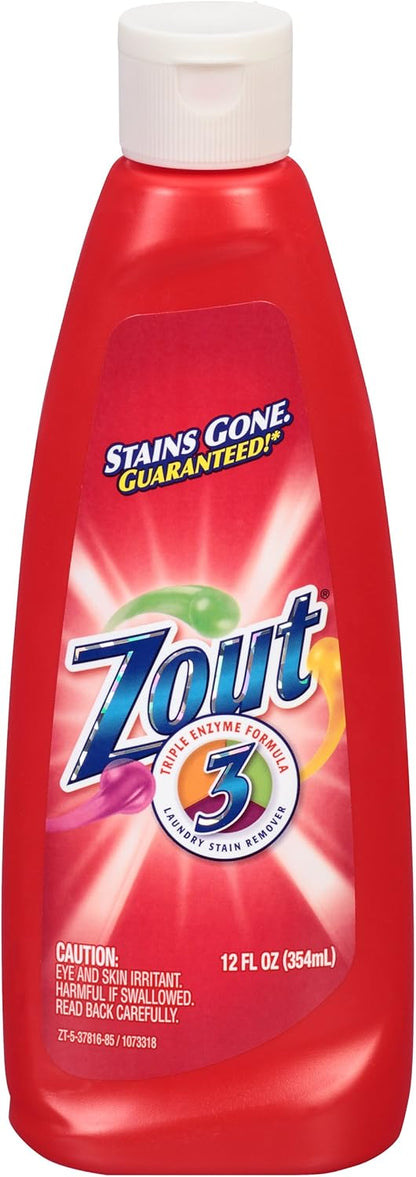 Zout Laundry Stain Remover, Triple Enzyme Formula for Blood, Tomato Sauce, & Oil Stains, Made in USA, 12 Ounce Squeeze Bottle with Flip Top Cap