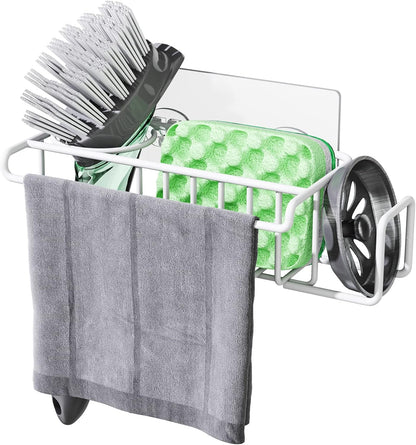 HapiRm 4 in 1 Kitchen Organizers and Storage, SUS304 Stainless Steel Brush Holder + Dish Cloth Hanger + Soap Rack + Sink Stopper Rack, No Drill Kitchen Essentials - Black