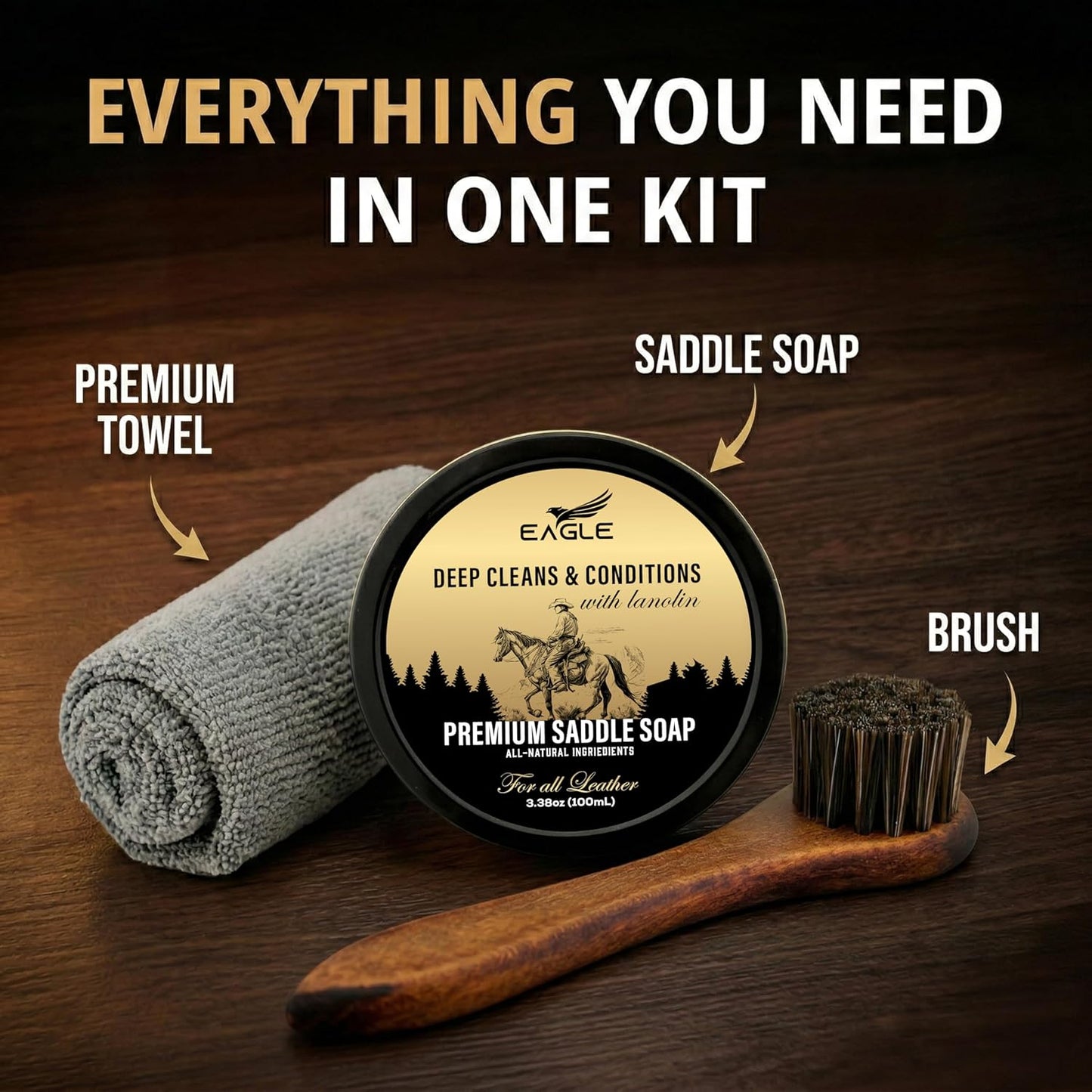Eagle Saddle Soap for Leather – 3-Piece Saddle Soap Kit for Leather Cleaning, Boots, Tack, and Saddles – Includes Applicator and Cloth – Leather Soap and Conditioner for Leather Boots and Tack Care