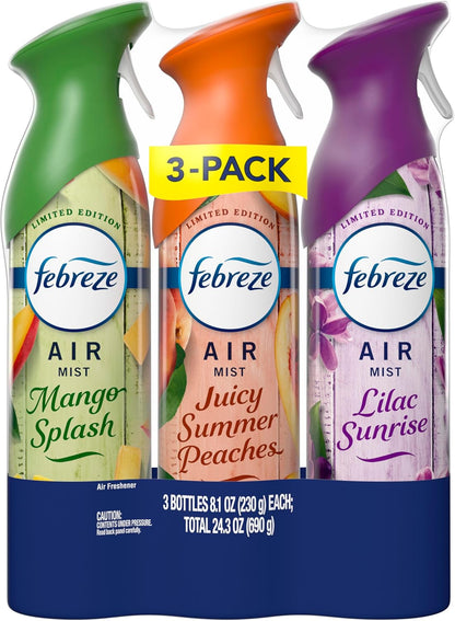 Febreze Air Mist, Air Freshener, Odor Fighting Room Spray, Deodorizer for Home Bathroom Kitchen Office Apartment, Lilac Sunrise, Warm Ocean Breeze, Summer Golden Hour Variety Pack, 8.1oz (Pack of 3)