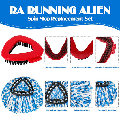 Spin Mop Replacement Set for O-Ceda RinseClean 2-Tank System, 16 Microfiber Spin Mops Refills,1 Scrubber Head,1 Triangle Spin Base,and(31-63in) Adjustable Handle Set Combo