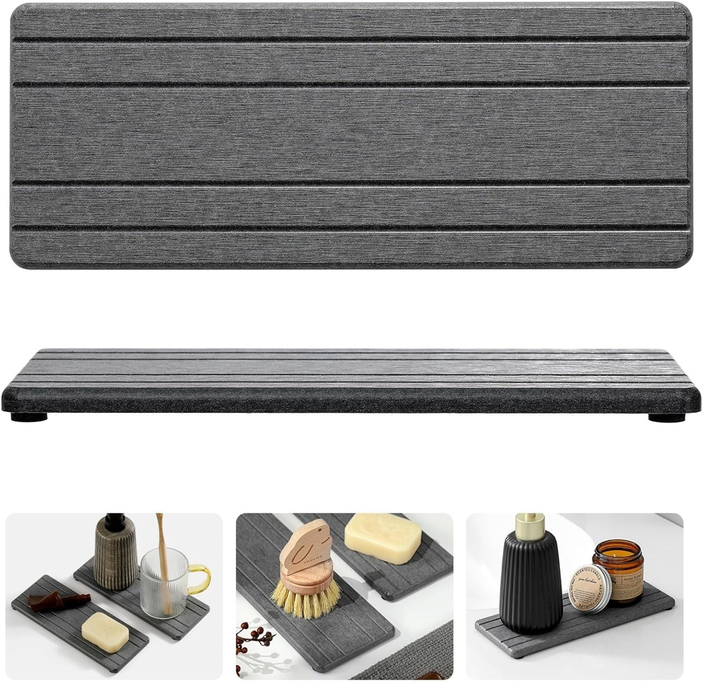 2PCS Water Absorbing Stone Drying Tray Mat for Bathroom Sink & Kitchen Counter Faucet Organizer, Quick Dry Dish Rack Soap Dispenser Sponge Holder, Vanity Sink Caddy Bar Coaster, Ivory White 8“x 4”