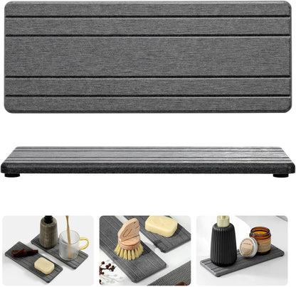 2PCS Water Absorbing Stone Drying Tray Mat for Bathroom Sink & Kitchen Counter Faucet Organizer, Quick Dry Dish Rack Soap Dispenser Sponge Holder, Vanity Sink Caddy Bar Coaster, Ivory White 8“x 4”