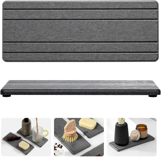 2PCS Water Absorbing Stone Drying Tray Mat for Bathroom Sink & Kitchen Counter Faucet Organizer, Quick Dry Dish Rack Soap Dispenser Sponge Holder, Vanity Sink Caddy Bar Coaster, Ivory White 8“x 4”