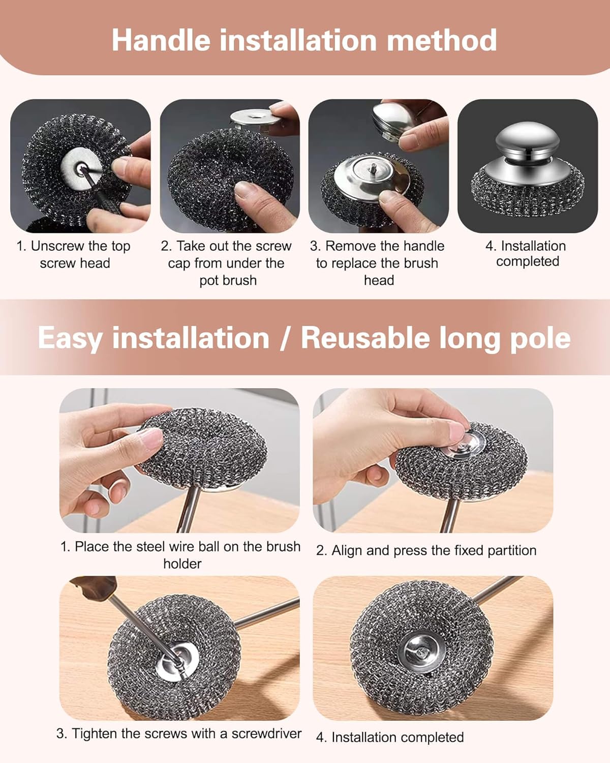 8 Pcs Steel Wool Scrubbers with 2 Pcs Handle,Stainless Steel Scouring Pads for Cast Iron Skillets, Grill & Kitchen Pots - Rust Resistant, Non-Splintering Heavy Duty for Tough Grease