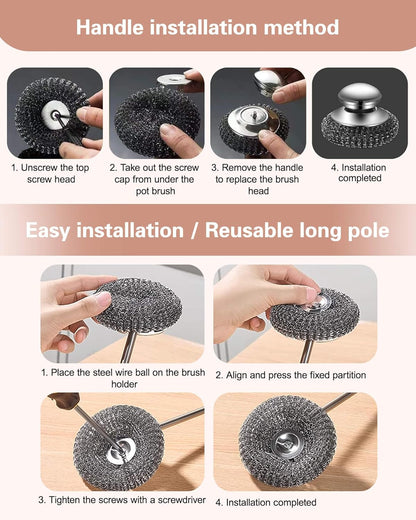 8 Pcs Steel Wool Scrubbers with 2 Pcs Handle,Stainless Steel Scouring Pads for Cast Iron Skillets, Grill & Kitchen Pots - Rust Resistant, Non-Splintering Heavy Duty for Tough Grease