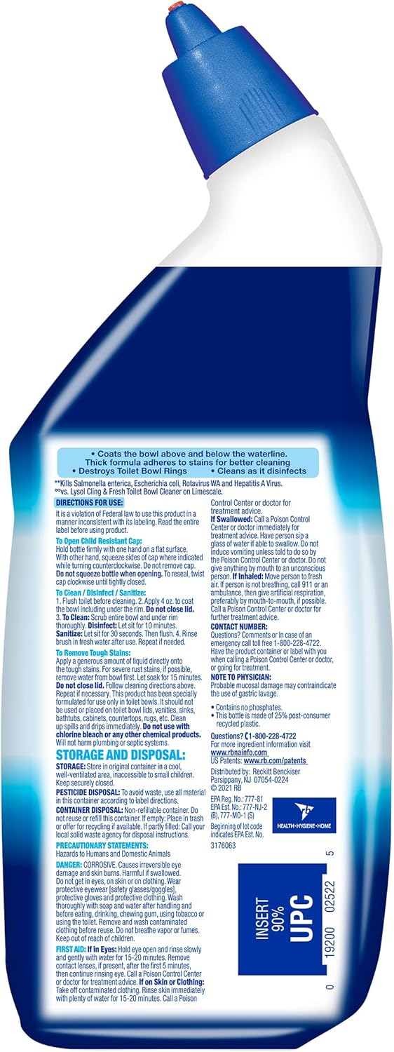 Lysol Toilet Bowl Cleaner, Max Strength Bathroom Cleaning Supplies, Toilet Bowl Cleaner Clinging Gel, Home Essential, Instant Stain Removal, Disinfecting and Deodorizing, Bleach Free, 24 oz (9 ct)