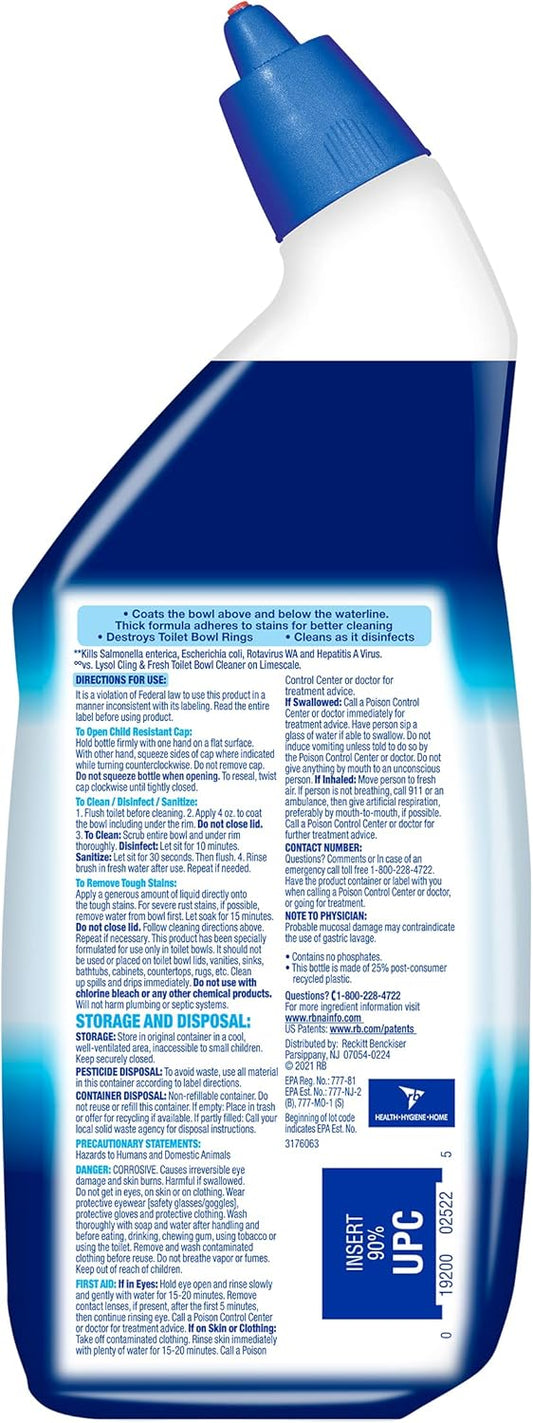 Lysol Toilet Bowl Cleaner, Max Strength Bathroom Cleaning Supplies, Toilet Bowl Cleaner Clinging Gel, Home Essential, Instant Stain Removal, Disinfecting and Deodorizing, Bleach Free, 24 oz (9 ct)