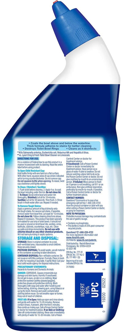 Lysol Power Toilet Bowl Cleaner Gel, for Cleaning and Disinfecting, Stain Removal, 24oz (Pack of 12)