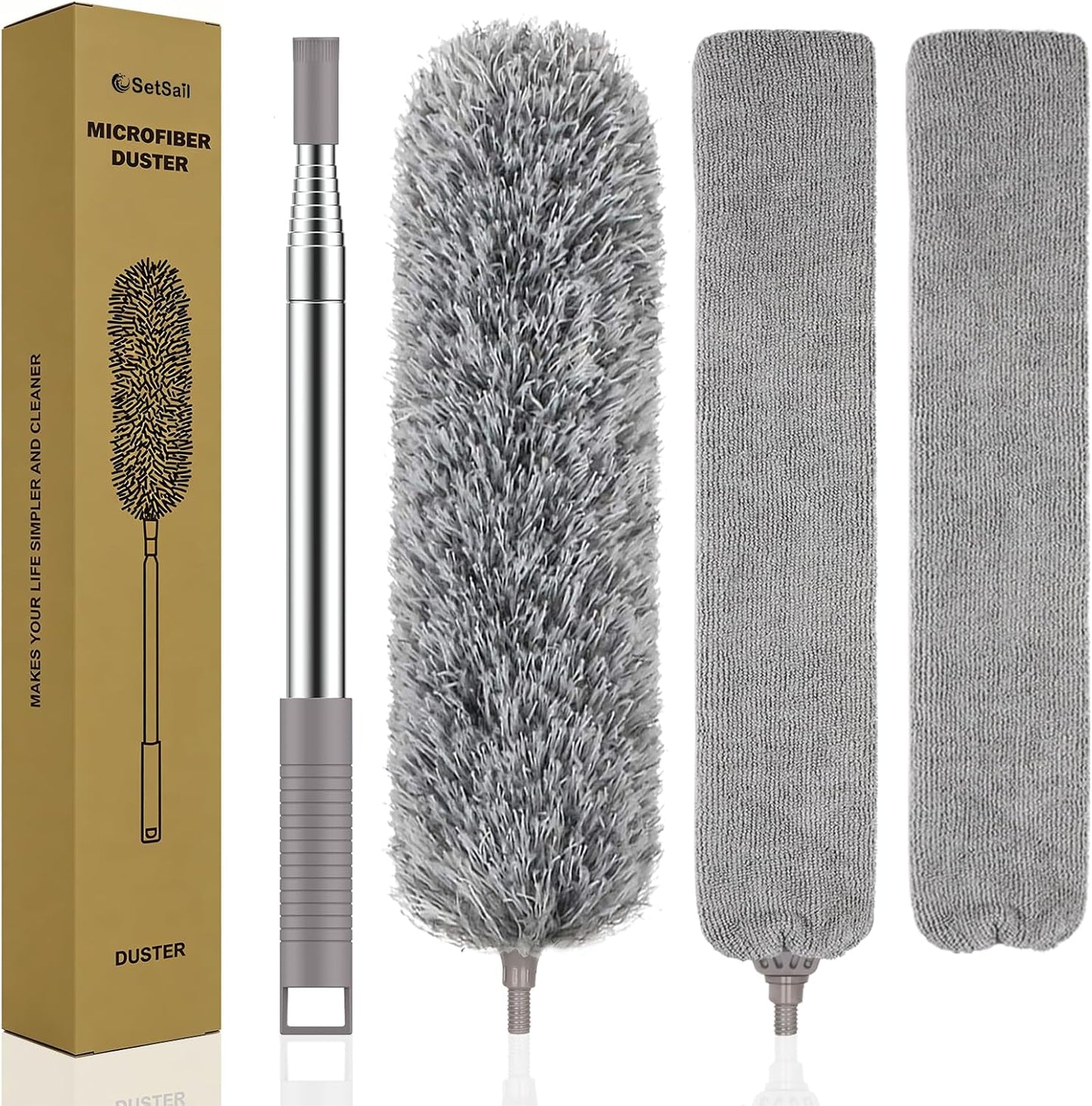 SetSail Extra-Long Dusters with Extension Pole 100-inch for Cleaning, Bendable Microfiber Head Washable Ceiling Fan Duster for High Ceilings, Furniture