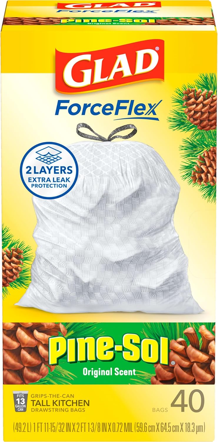 Glad ForceFlex Tall Kitchen Trash Bags, 13 Gallon, Pine-Sol Original, 40 Count (Package May Vary)