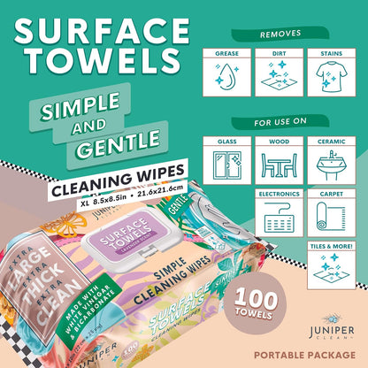 Juniper CLEAN Single Surface Wipes with Bleach, Thick & Large Dispose, All-Purpose Cleaner for Bathroom, Kitchen, Office, 100 Count Soft Flow, Biodegradable, Fresh Scent