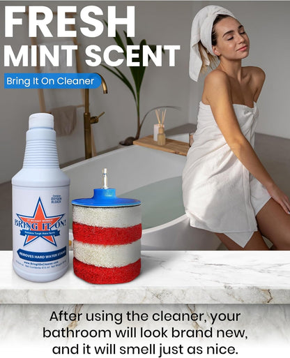 Bring It On Cleaner Hard Water Stain Remover 16 oz | Glass, Soap Scum Remover for Shower Glass, Fiberglass, Windows, Tile and Grout Cleaner, and Includes Scrubbing Drill Pads