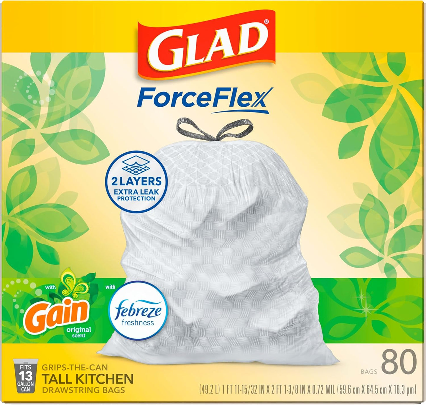 Glad ForceFlex Tall Kitchen Trash Bags, 13 Gal, Gain Original with Febreze, 110 Ct (Pack May Vary)