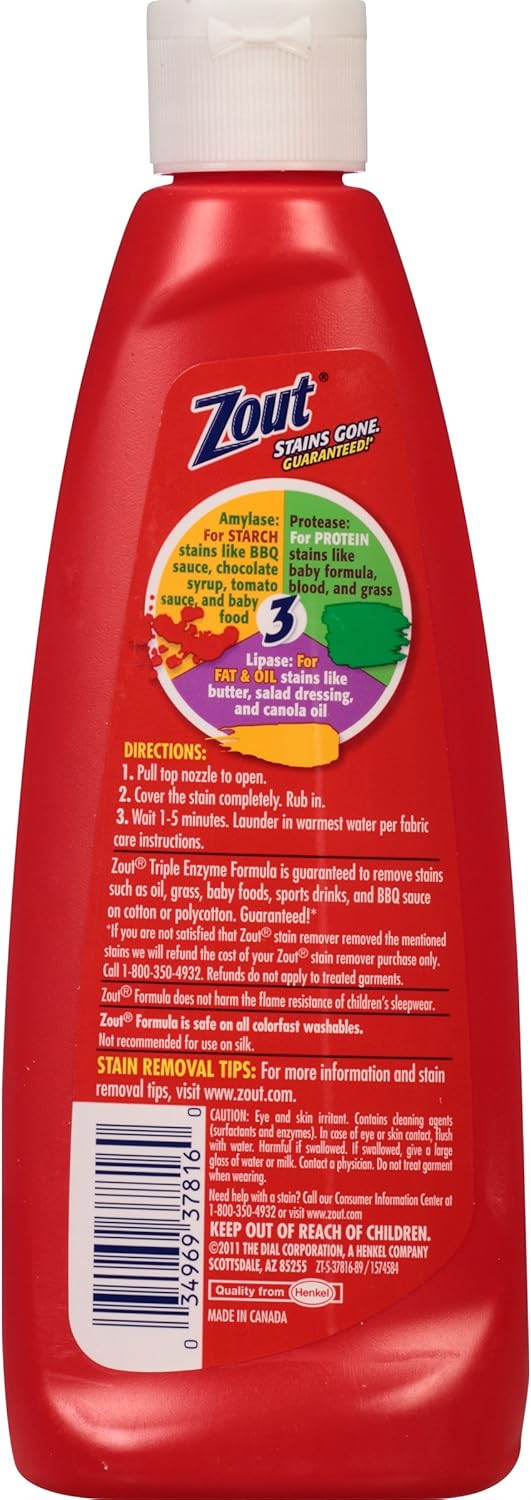 Zout Laundry Stain Remover, Triple Enzyme Formula for Blood, Tomato Sauce, & Oil Stains, Made in USA, 12 Ounce Squeeze Bottle with Flip Top Cap