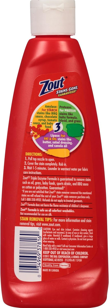 Zout Laundry Stain Remover, Triple Enzyme Formula for Blood, Tomato Sauce, & Oil Stains, Made in USA, 12 Ounce Squeeze Bottle with Flip Top Cap