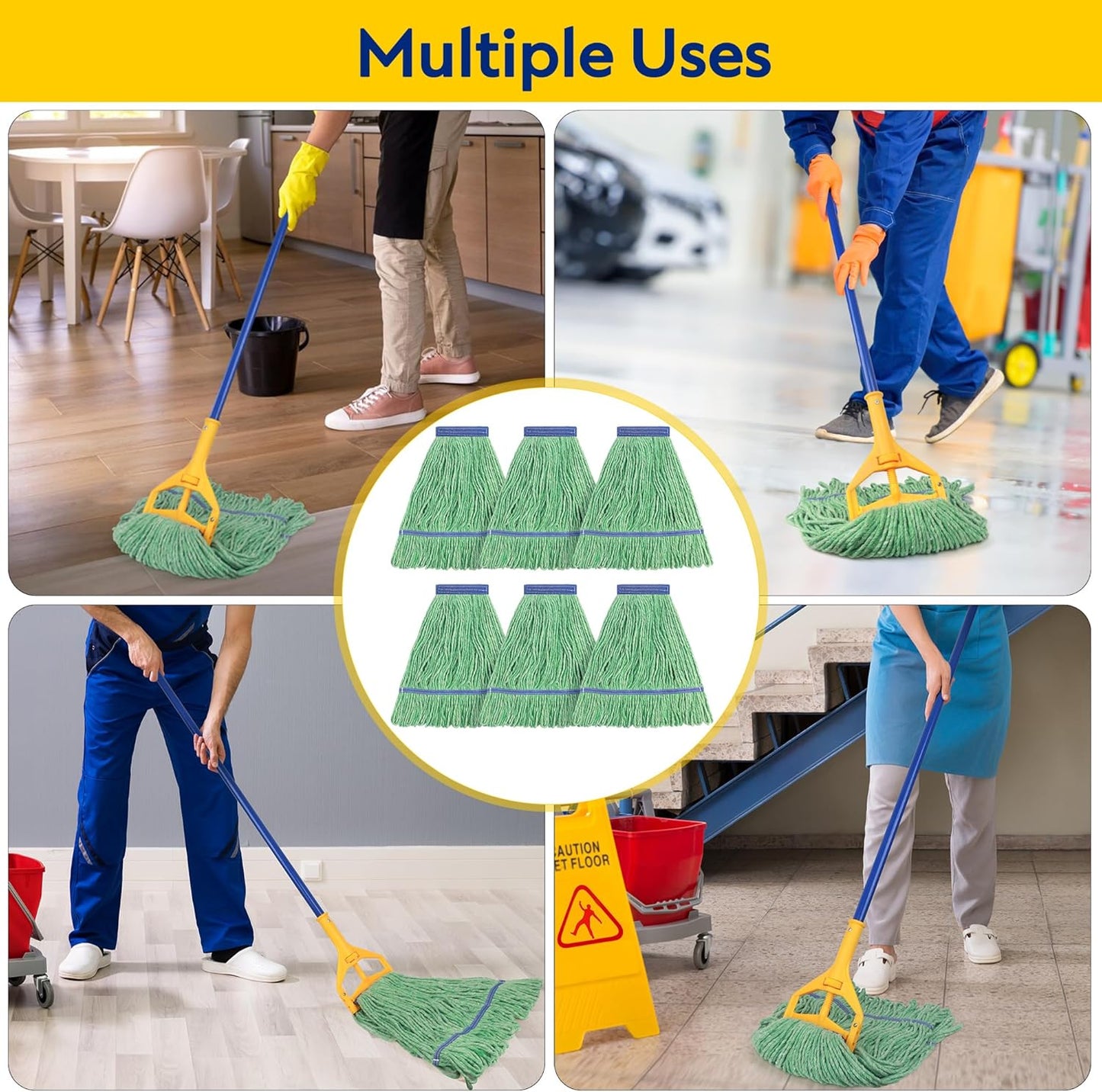 Matthew Cleaning Heavy Duty Mop Head Commercial Replacement for General and Floor Cleaning , Wet Industrial Blue Cotton Looped End String Head Refill (Pack of 6) Blue