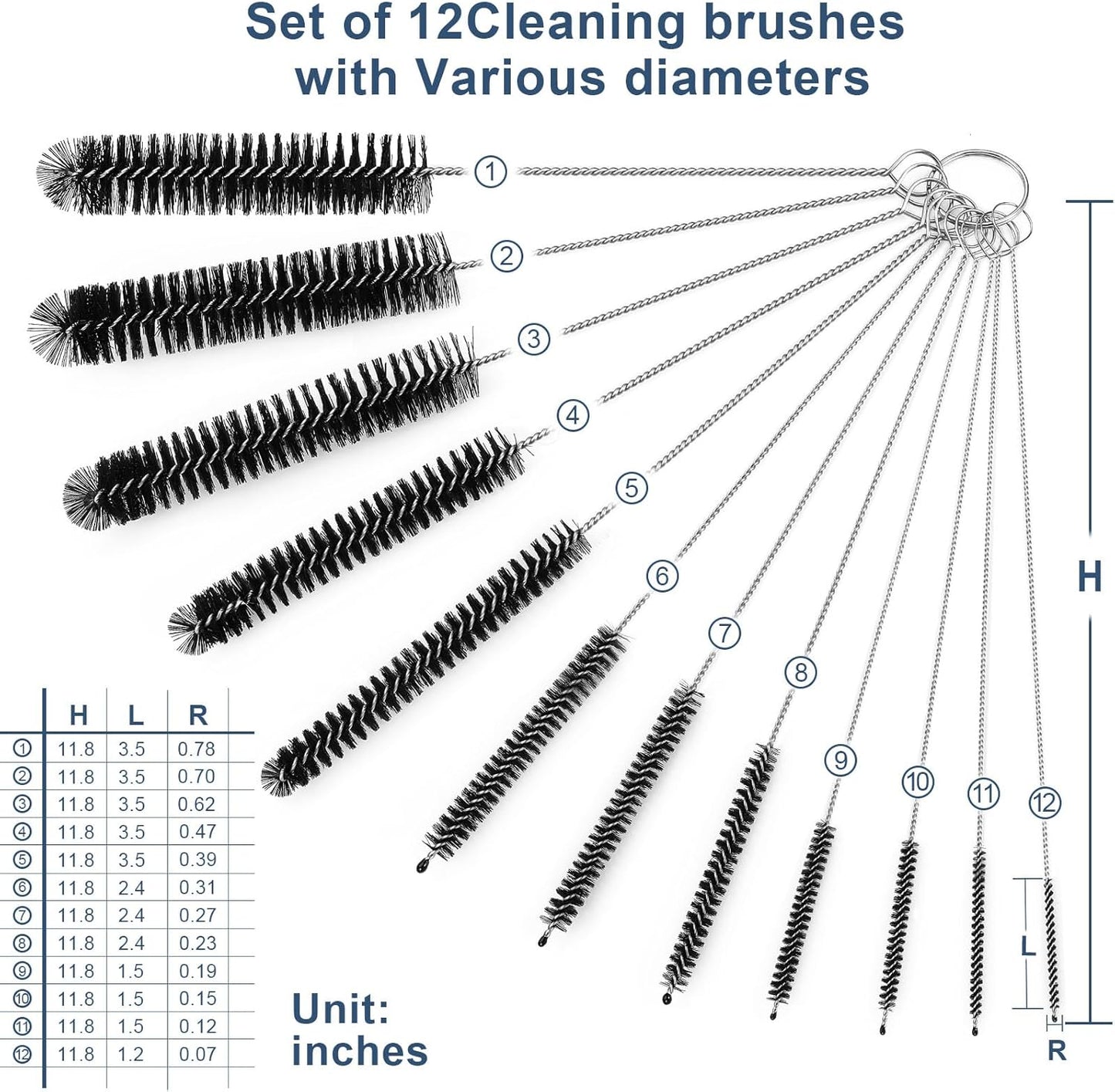Straw Cleaner Brushes Sets, 12 Pieces 8.2 Inch Botthle Cleaning Brush and Nylon Tube Brush Brush Kit for Sippy Cup, Tumbler, Water Bottle, Drinking Straw (Black)