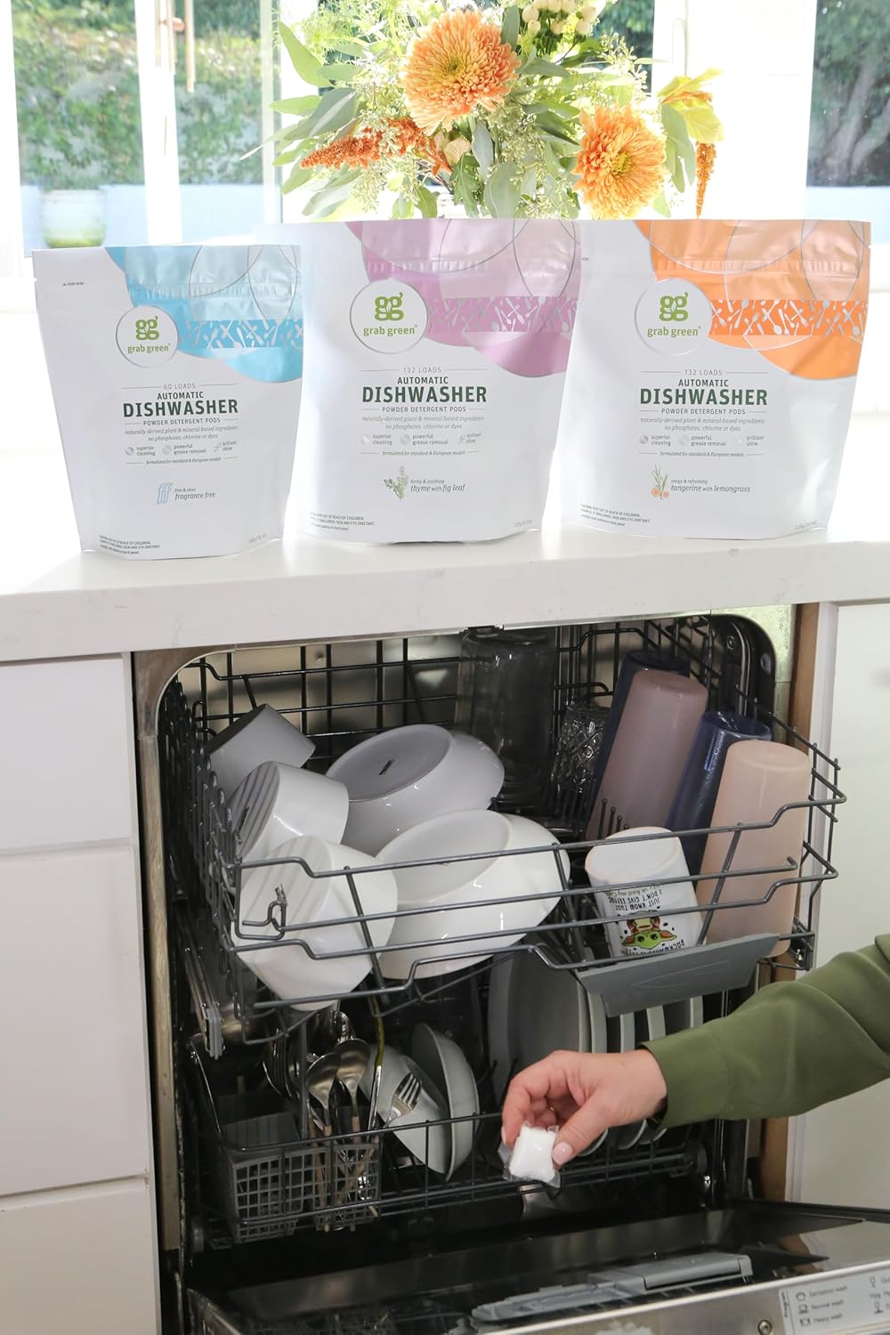 Grab Green Automatic Dishwashing Detergent Pods, 60 Count, Thyme Fig Leaf Scent, Plant and Mineral Based, Superior Cleaning, Powerful Grease Removal, Brilliant Shine