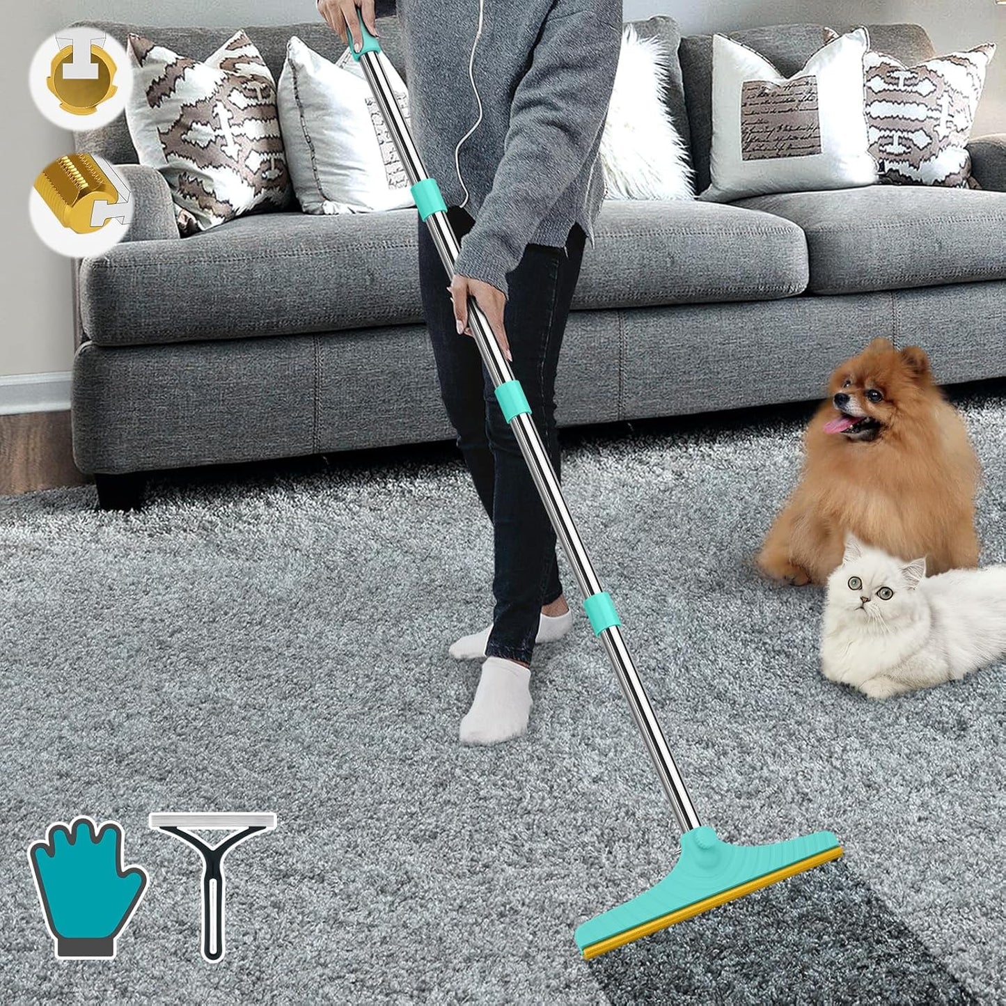 B-Land Carpet Rake for Pet Hair Removal, Reusable Pet Hair Remover with 60” Adjustable Long Handle, Carpet Scraper Dog Cat Hair Remover Tool for Rugs, Mats