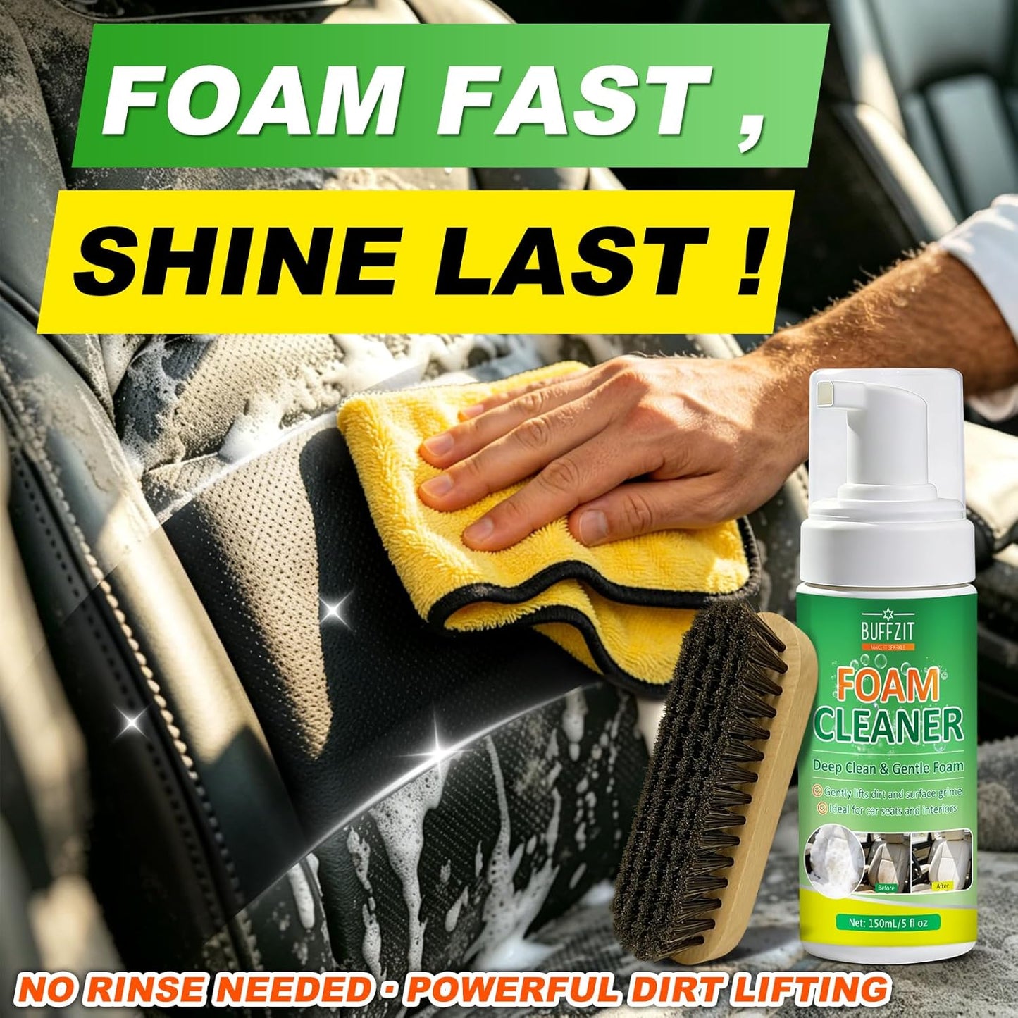 Car Interior Foam Cleaner, All-in-One Kit with Soft Brush & Microfiber Towel, Deep Clean Seats, Carpet & Upholstery, No-Rinse, Safe on Leather, Fabric, Vinyl & Plastic, 150ml (5oz)