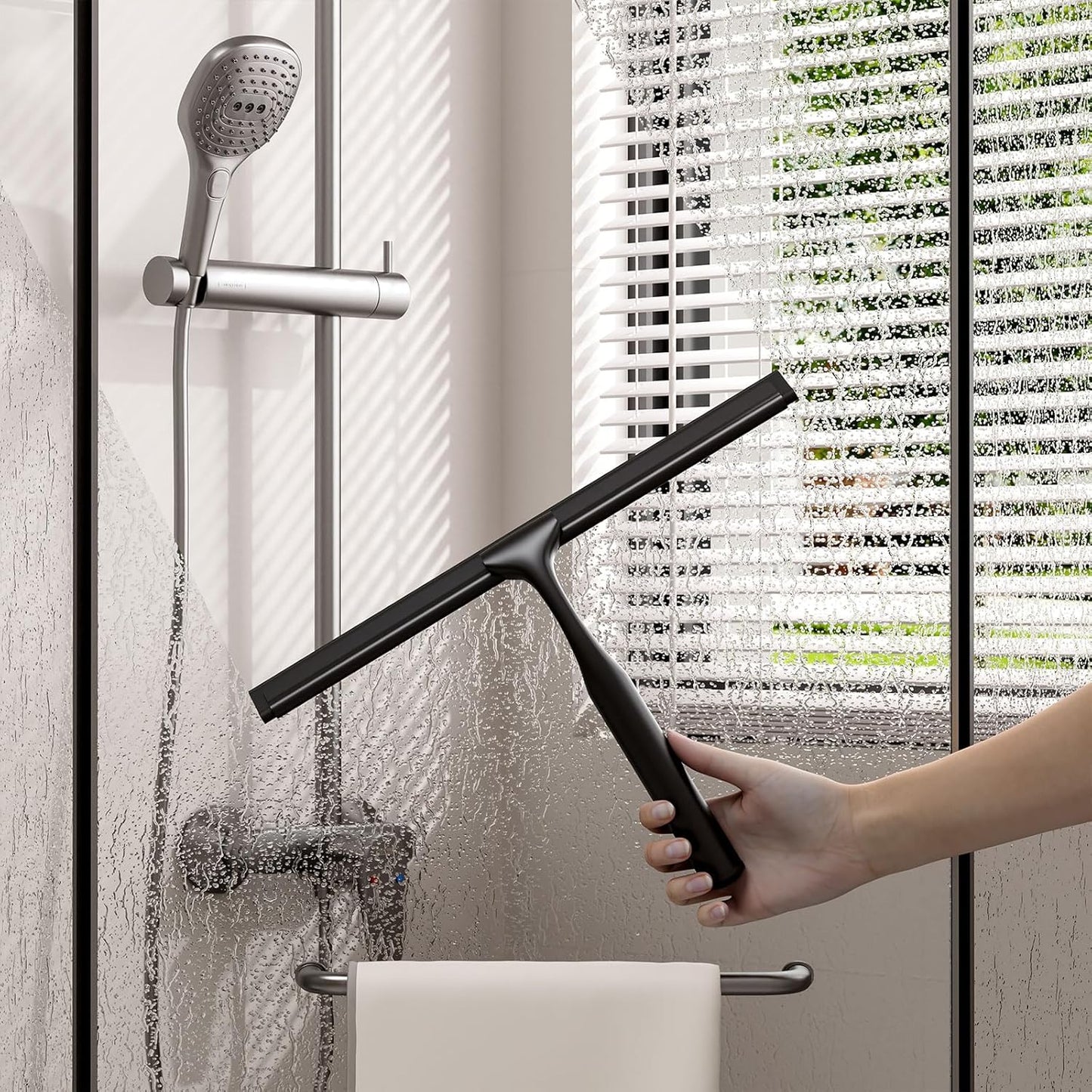 Shower Squeegee for Glass Doors, Shower Squeegee for Tile Shower Walls, Stainless Steel Squeegee for Bathroom, Windows and Mirrors with Storage Hook-12”, Black