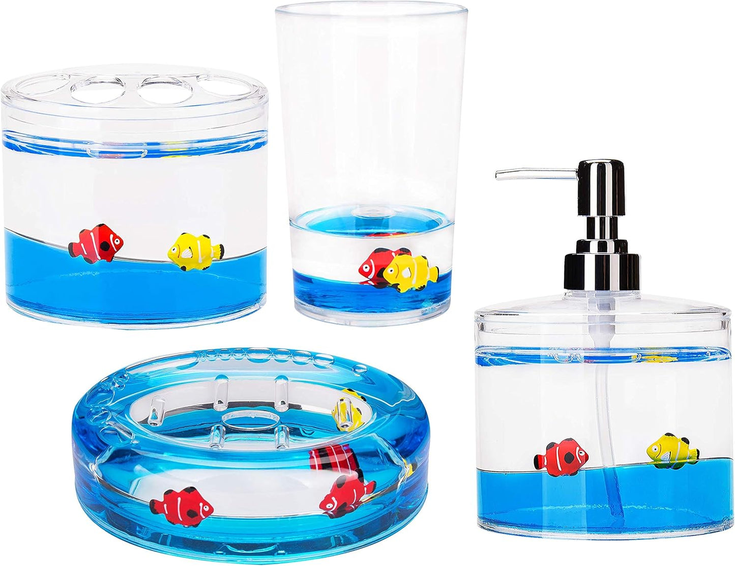 Locco Decor 5 Piece Acrylic Liquid 4D Floating Motion Bathroom Vanity Accessory Set Garden Botanic Green Plants Toothbrush Holder, Tumbler, Soap Dispenser, Soap Dish, Toiletbrush Holder Set