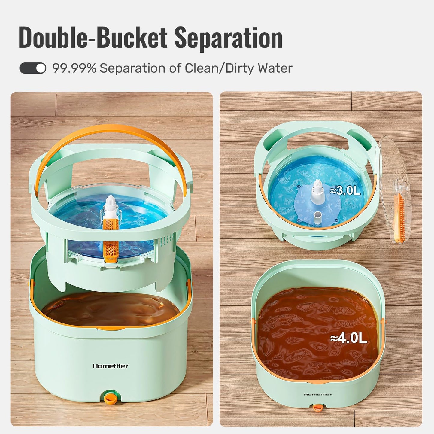 HoMettler Mop and Bucket Set | Spin Mop with Dual-Tank Clean/Dirty Water Separation | 4 Microfiber Pads for Deep-Cleaning Floors | Versatile Mops Triangular Head for Walls