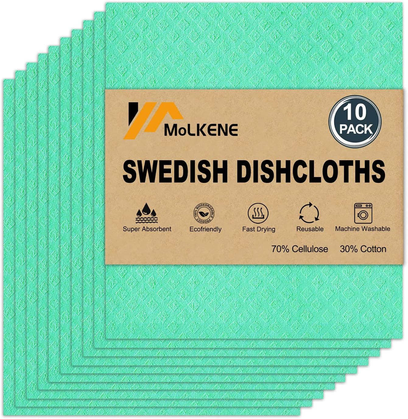 MoLKENE Swedish Dish Cloths - 10 Pack Reusable Kitchen Dishcloths - Ultra Absorbent Dish Towels for Washing Dishes - Cellulose Sponge Cloth Cleaning Rag - Assorted