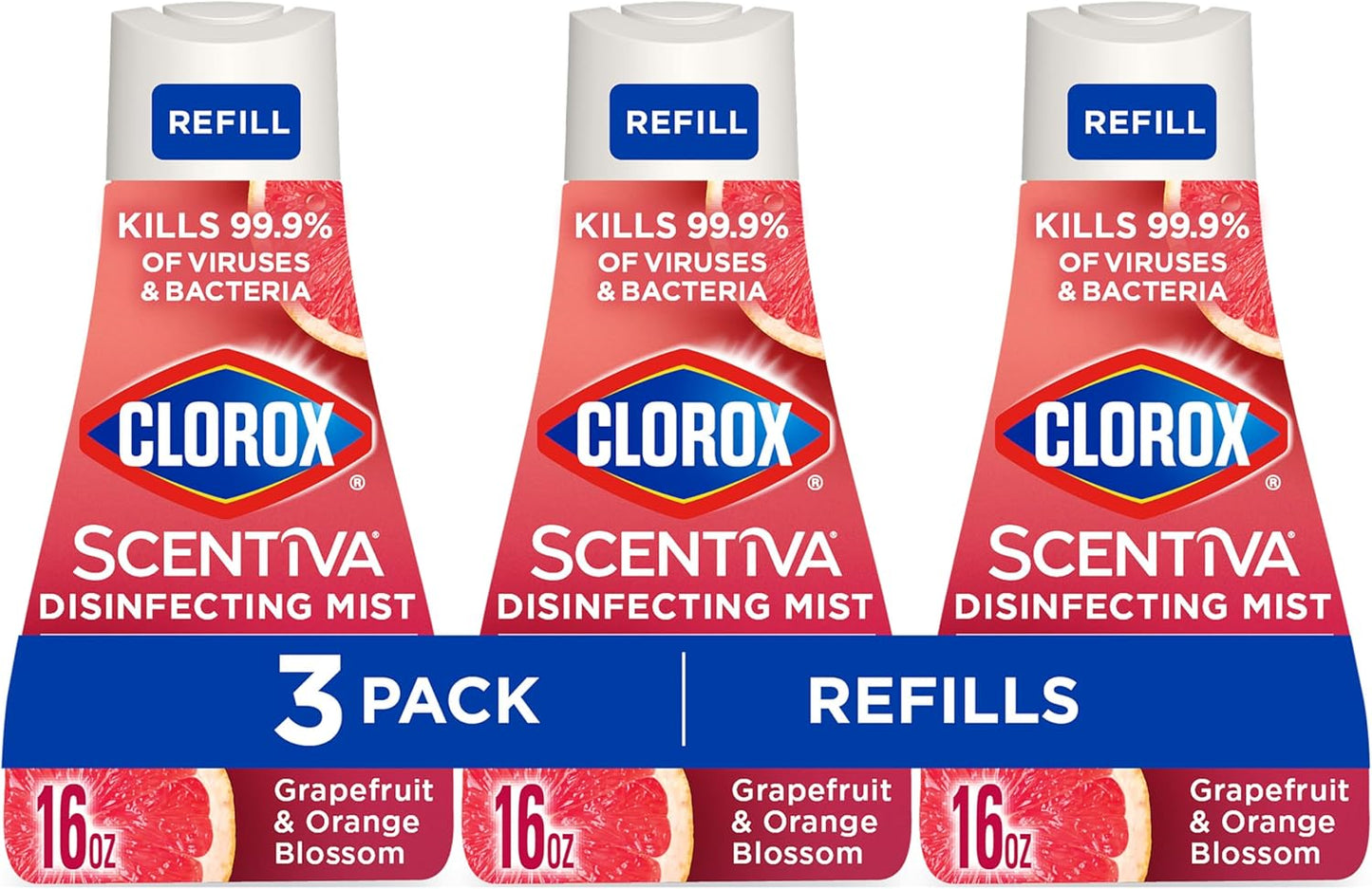 Clorox Scentiva Disinfecting Mist, Grapefruit and Orange Blossom, Refill, 16 Fl Oz Each, Pack of 3